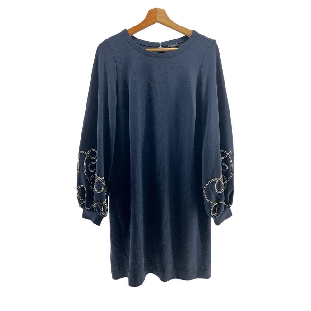 Ann Taylor SMALL Dark Blue Mini Shift Dress Long Balloon Sleeve Scoop Neck